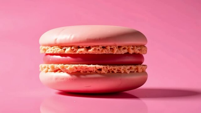 flat lay of close up macaroon lies sideways on a pink background lie on a glossy reflective surface