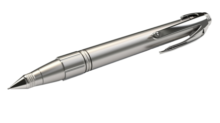 Close-up of a single metallic silver ballpoint pen, an essential office writing tool, isolated on a transparent background. PNG