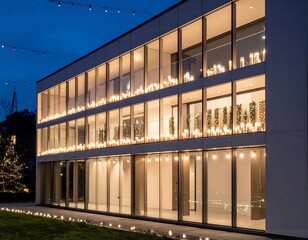 Modern building at night, adorned with candles