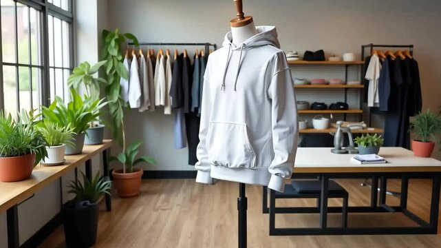 A bright and modern space atelier shop with natural light streaming through large windows. A mannequin stands in a clothing store wearing,mens white hoodie