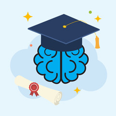 Blue Brain with Graduation Cap and Diploma Scroll Representing Knowledge and Academic Success with Yellow Red and Navy Accents