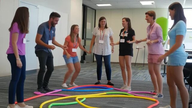 Team Building Exercise: People stepping through hoops in a fun indoor activity