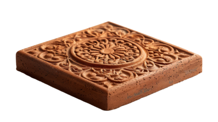 Terracotta ceramic tiles in square shape with intricate carvings, isolated on transparent background. PNG