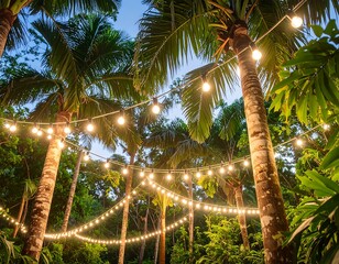 Tropical garden strung with fairy lights