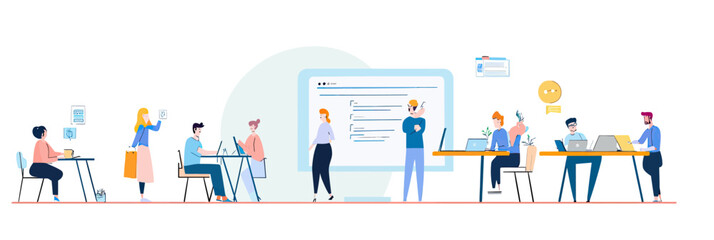 Flat vector office team collaboration project meeting with people using laptops and digital devices in modern workspace environment concept illustration