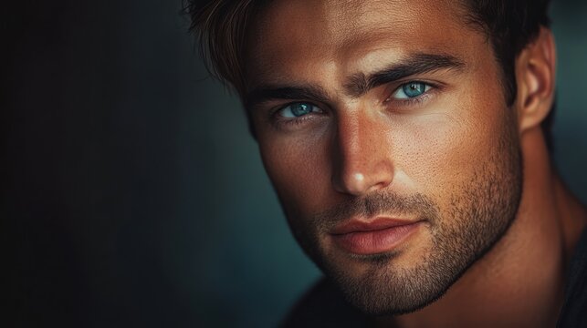 Intense gaze of a handsome man with striking blue eyes in dark setting