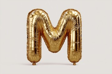 Minimalist gold foil letter M balloon on solid white background, clean and stylish event decoration