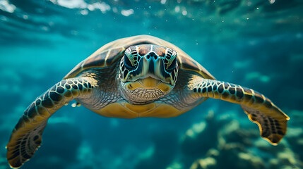 Fototapeta premium Close-up of a sea turtle swimming in the ocean.