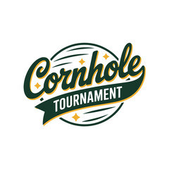Cornhole Tournament Logo Design Vector, Retro-style emblem for a cornhole tournament featuring bold script typography, stars, and circular banner, perfect for event branding.

