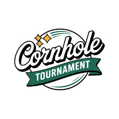 Cornhole Tournament Logo Design Vector, Retro-style emblem for a cornhole tournament featuring bold script typography, stars, and circular banner, perfect for event branding.

