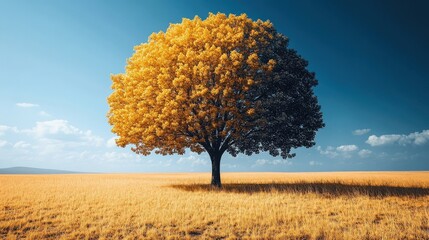 Lone Golden Tree in a Vast Wheat Field Under a Clear Blue Summer Sky