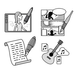 Creative Content Icon Set – Illustration, Manga, Writing, and Music with Copyright Themes