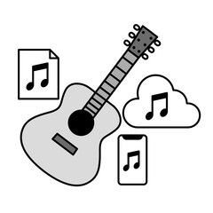 Music Content Icon – Acoustic Guitar with Streaming, File, and Cloud Symbols