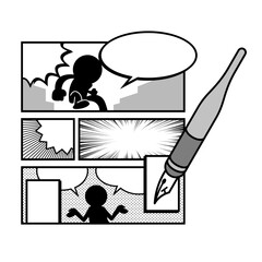 Manga Content Creation Icon Set – Vector Comic Layout with Speech Bubbles and Pen