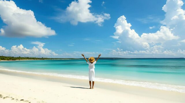 Happy woman traveller in white clothes enjoying tropical beach vacation. Summertime holidays concept