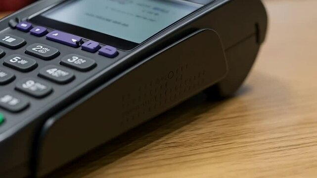 Close-up of a modern credit card terminal with colorful buttons on a wooden surface