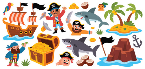 Cartoon Pirate Ship Treasure Island Adventure Set