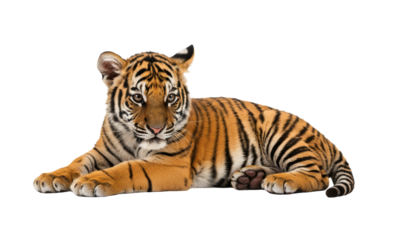 Majestic tiger cub lying down isolated against a black background, showcasing its unique markings