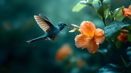 A hummingbird hovers near an orange flower.