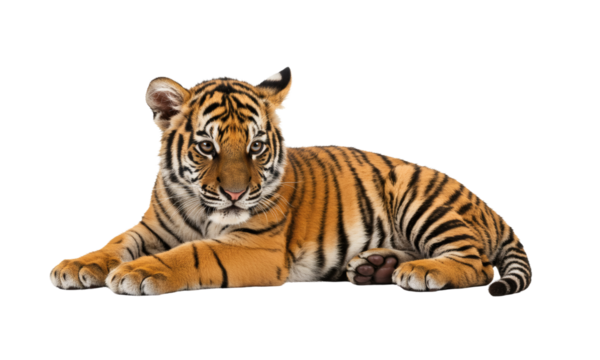 Majestic tiger cub lying down isolated against a black background, showcasing its unique markings