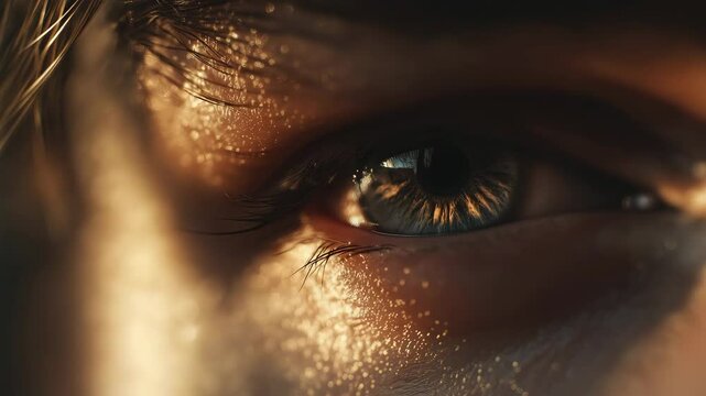 Eye close-up with warm sunset reflections