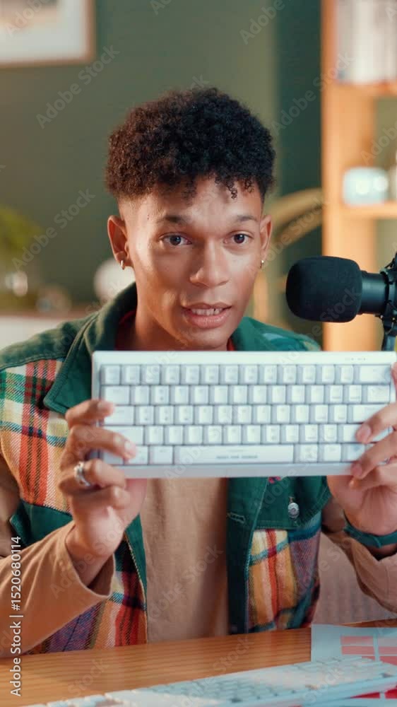 Aufkleber keyboard, live streaming and promotion with man in studio for gaming pad, ergonomic and influencer. 