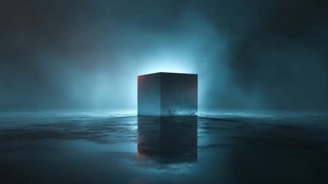 Glowing cube in surreal dark misty environment