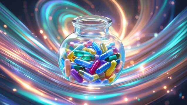 a glass jar with colorful medical capsules inside