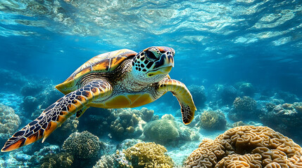 Fototapeta premium Sea turtle swimming amidst coral reefs.