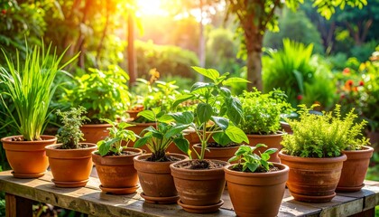 Lush basil (kemangi) plants thriving in terracotta pots under warm morning light, surrounded by turmeric and lemongrass &mdash; vibrant Indonesian herb garden scene with rich green foliage.

