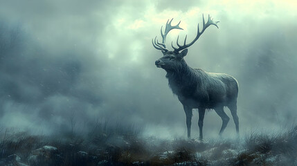 Majestic deer in a misty landscape.