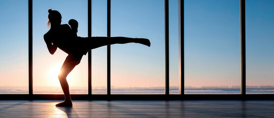 Silhouette martial kick training ju jitsu sunset fitness silhouette of person practicing ju jitsu martial arts with high kick during sunset