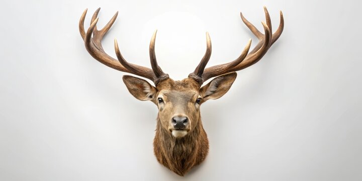 A majestic wall-mounted deer head with enormous antlers dominating a plain white background, showcasing its grandeur and natural beauty, isolated for attention, wildlife, hunting