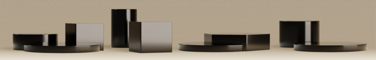 Black podiums and pedestals in geometric shapes - cylinders, rectangular blocks, curved segments. Glossy lacquered minimalist display stands of various heights. 3d elegant showcase platforms.