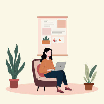 A woman is working at office space wiht laptop on calm color background