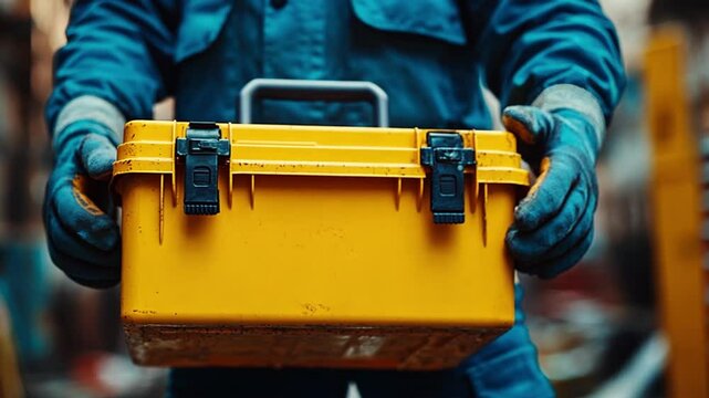 a professional mechanic or technician wearing safety gloves holds a yellow toolbox, signifying expertise and quality in maintenance, repairs, and installation services, embodying reliability and skill
