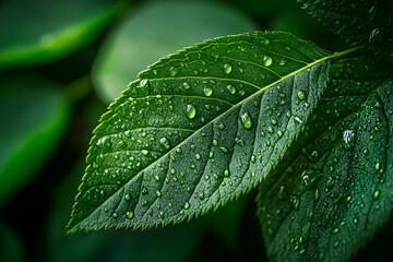 Close-up view of a vibrant green leaf covered in water droplets.