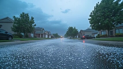 Heavy Hail Storm on a Suburban Street with Houses and Trees during Cloudy Weather