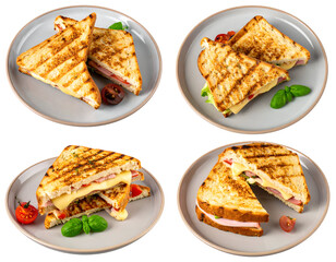 Four grilled cheese sandwiches on plates, showcasing various fillings and textures
