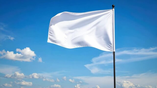 Solid white flag waving gently against a vibrant blue sky with soft clouds, symbolizing truce or surrender in an outdoor setting on a bright day.