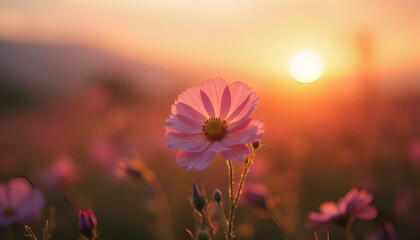 Pink flower in a field of flowers at sunset.