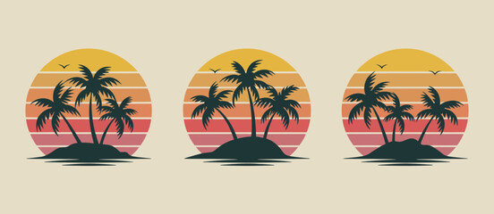 Tropical Island Sunset Scenes Retro Palm Trees