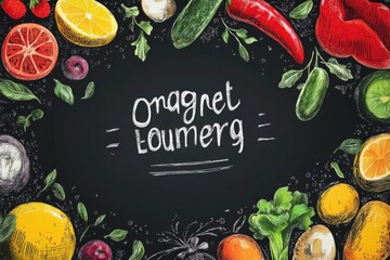 Fresh vegetables and fruits sketch on blackboard for culinary recipe.