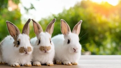 Three cute baby rabbits sit together outdoors on a sunny day with blurry green foliage