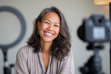 Asian-American woman hosting a webinar, smiling toward the webcam, script open on screen, professional microphone in view, soft ring light in background 