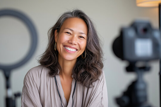 Asian-American woman hosting a webinar, smiling toward the webcam, script open on screen, professional microphone in view, soft ring light in background 