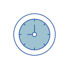 Simple vector illustration of a round clock icon with blue tones and minimal hour markers. Represents time, scheduling, punctuality, and time management concepts