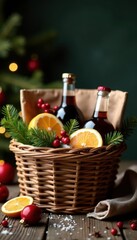 Rustic Christmas gift basket with natural elements , warm, ribbon, crafted