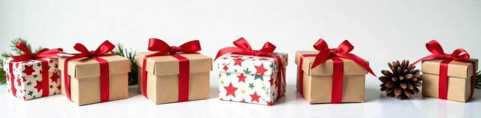 Fototapeta premium Rustic Christmas gift boxes, white background, copy space, brown, wrapping, xmas