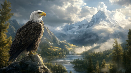 Fototapeta premium Majestic bald eagle perched atop a rocky outcrop overlooking a serene mountain valley.